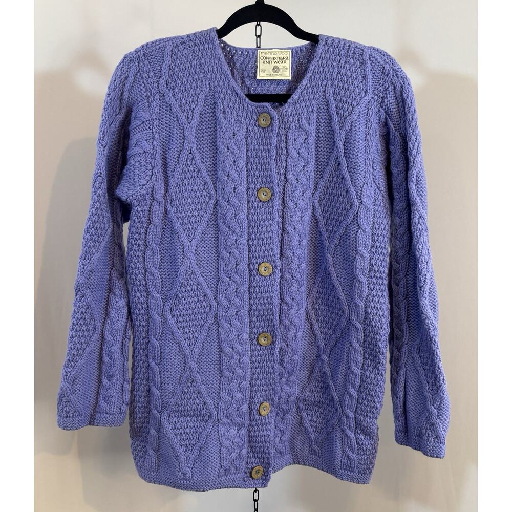 Irish Merino Wool Cable Knit Cardigan‎ Connemara Knitwear Lilac XS/S Ireland
